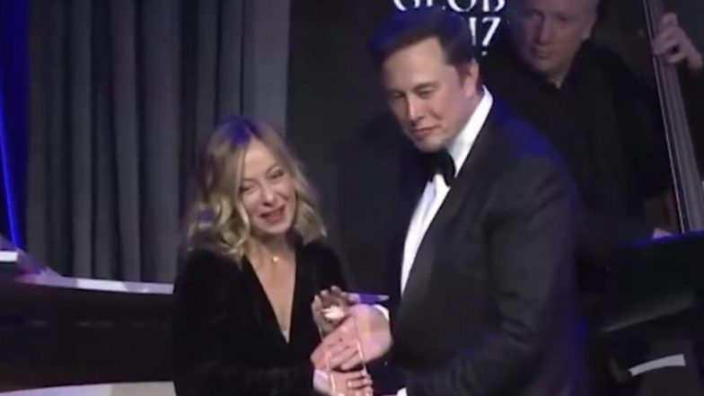 Elon Musk Presents Atlantic Global Citizen Award to Italian Prime Minister Giorgia Meloni in New York (Watch Video)