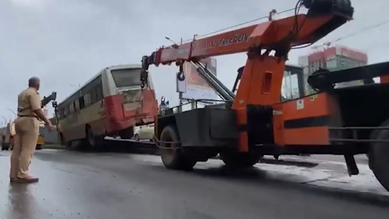 Ghodbunder Road Accident: ST Bus Climbs Divider on Manpada Bridge, No Casualties or Traffic Jam Reported (Watch Video)