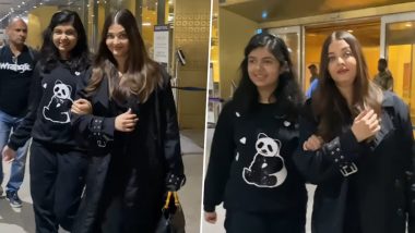 Aishwarya Rai Bachchan and Daughter Aaradhya Bachchan Twin in Black as They Return to Mumbai From Paris Fashion Week; Actress Poses With Paps (Watch Video)