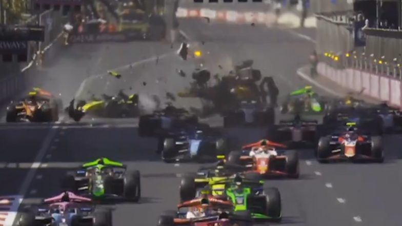 Kush Maini Involved in Massive Accident at Start of Azerbaijan GP 2024 F2 Race, Indian Racer's Stalled Car Causes Horror Clash Resulting in Red Flag (Watch Video)