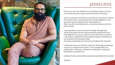 Hema Committee Report: Malayalam Actor Jayasurya Denies Sexual Harassment Allegations Leveled Against Him, Issues Statement (View Post)