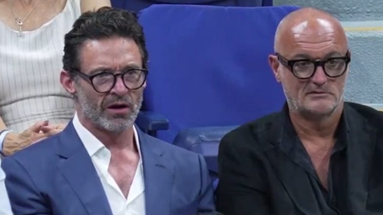 Deadpool & Wolverine Movie Actor Hugh Jackman Attends US Open 2024 Match, Hollywood Star Gets Excited With Action on Court (Watch Video)