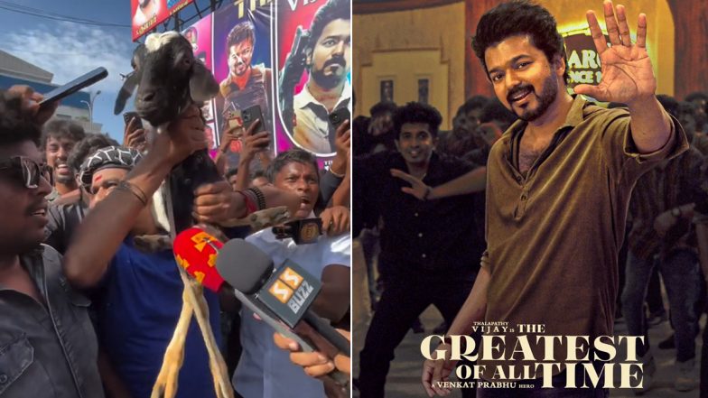 ‘The Greatest Of All Time’: Thalpathy Vijay’s Superfan Cool Suresh Brings an Actual Goat to Theatres in Epic Film Release Celebration (Watch Video)