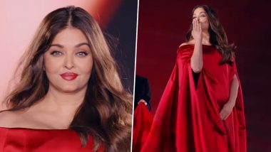 Paris Fashion Week 2024: Aishwarya Rai Bachchan Exudes Grace in Red Balloon Hem Dress, Greets Fans With a Namaste on the Ramp (Watch Video)