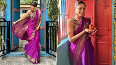 Sharvari Wagh Looks Beautiful in 35-Year-Old Purple Kanjivaram Saree As She Celebrates Ganesh Chaturthi in Style (See Pics)