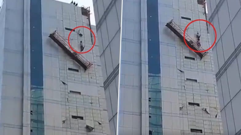 Noida: 2 Workers Left Hanging Mid-Air After Trolley Rope Snaps at Under-Construction Site, Rescued (Watch Video)