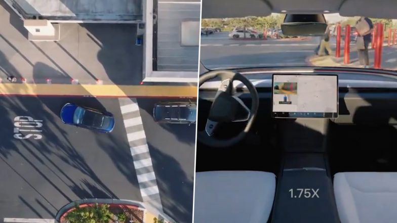 Tesla Smart Summon Feature: EV Maker Demonstrates Driverless Tesla Car Navigating Through Parking Lot To Reach Its Owner, Elon Musk Reacts (Watch Video)