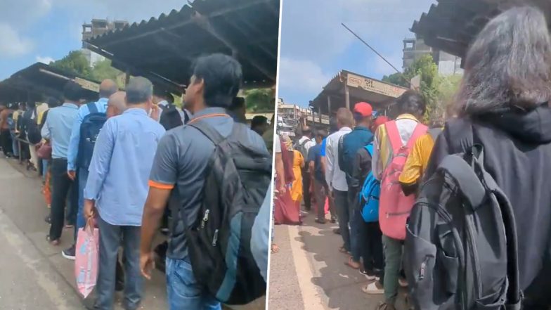 Mumbai BEST Bus Services Hit as Commuters Endure Long Waits and Overcrowding Outside Kurla Railway Station as Demand Surges (Watch Video)