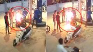 Bike on Fire in Jalore: Flames Engulf Two-Wheeler While Refuelling at Petrol Pump in Rajasthan, Terrifying Video Surfaces