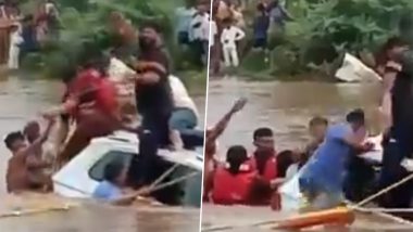 Gujarat: Couple Spends 2 Hours on Roof of Submerged Car That Got Swept Away While Crossing Overflown River in Sabarkantha (Watch Video)