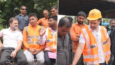 Rahul Gandhi Wears Helmet and Orange Luminous Vest to Meet Railway Trackmen, Discusses Their Problems (Watch Video)