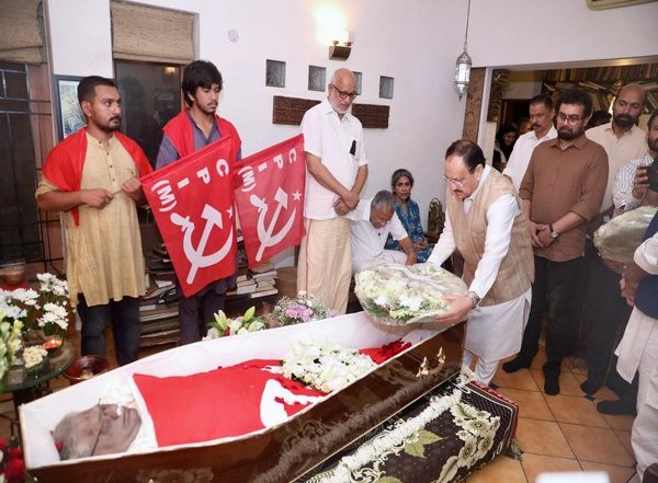 India News | Union Minister JP Nadda Pays Floral Tribute to Sitaram Yechury