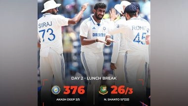 Sports News | Chennai Test: Indian Seamers Restrict Bangladesh to 26/3 at Lunch on Day 2