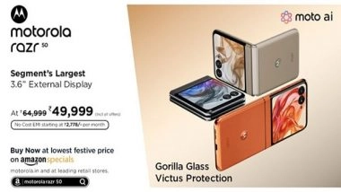 Business News | Motorola Razr 50 Goes on Sale with Segment's Largest 3.6" External Display & Redesigned Teardrop Hinge at Special Festive Pricing of Just Rs. 49,999*