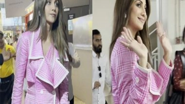 Entertainment News | Shilpa Shetty Spotted at Mumbai Airport in Stunning Checkered Pink-and-white Saree