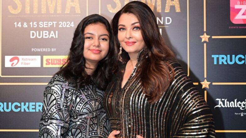 SIIMA Awards 2024: Aishwarya Rai Bachchan and Aaradhya Bachchan Melt Hearts With Their Adorable Red Carpet Kiss (Watch Video)