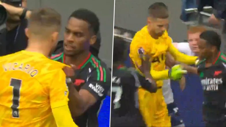 Jurrien Timber Grabs Goalkeeper Guglielmo Vicario's Jersey, Duo Engages in Heated Exchange During Tottenham Hotspur vs Arsenal Premier League 2024-25 Match; Video Goes Viral