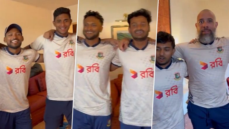 Bangladesh Cricket Team Players and Support Staff Sing 'Amra Korbo Joy' in Dressing Room After Historic Test Series Win over Pakistan (Watch Video)