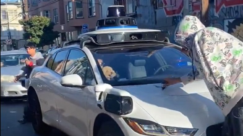 California: Waymo Car Passenger Clutches His Pet Dog As Group of Masked Individuals Make Graffiti on Vehicle at Stop Light in San Francisco, Video Goes Viral