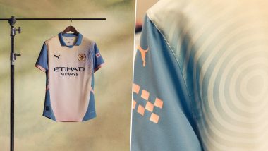 Manchester City Latest Kit for 2024–25 Unveiled: Exclusive Jersey Co-Designed by Legendary Musician Noel Gallagher To Debut in Select European Fixtures (See Pics and Videos)