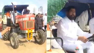 Eknath Shinde Drives Tractor: Maharashtra CM Flaunts His Driving Skills While Participating in ‘Swachhata Hi Seva’ Drive at Girgaon Chowpatty, Video Goes Viral