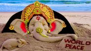 Ganesh Chaturthi 2024 Sand Art With 'World Peace' Message! Sudarsan Pattnaik Uses 20 Types of Different Fruits To Create Stunning Sand Sculpture at Puri Beach in Odisha (View Pics and Video)