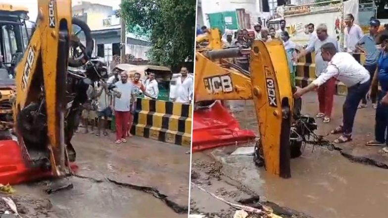 ‘Gurgaon Is Not for Beginners’: Delivery Agent Swims to Safety After Getting Trapped in Huge Sinkhole As Portion of Basai Road Caves in Following Heavy Rainfall in Gurugram, Viral Video Surfaces