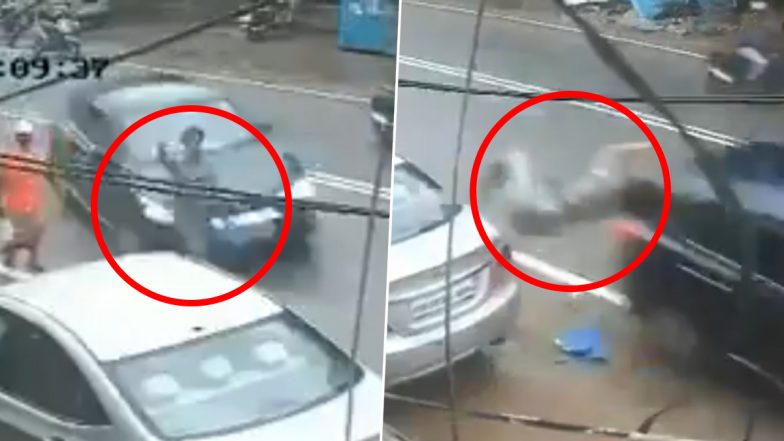 Accident Caught on Camera in Hyderabad: Woman Flung Into Air After Speeding Car Hits Her in Vanasthalipuram, Video Surfaces