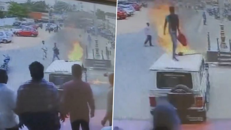 Chitradurga: Upset Over Police’s Refusal to File His Mother’s Complaint, Man Sets Tehsildar’s Vehicle on Fire in Karnataka (Watch Video)