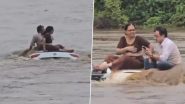 Sabarkantha: Couple Stranded On Top Of Car in Flood Water in Gujarat, Rescued After 2 Hours (Watch Video)