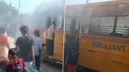 Kamareddy School Bus Fire: Students Escape Unharmed as Blaze Erupts in Bus of Brilliant Grammar School in Telangana Due to Battery Explosion (Watch Video)