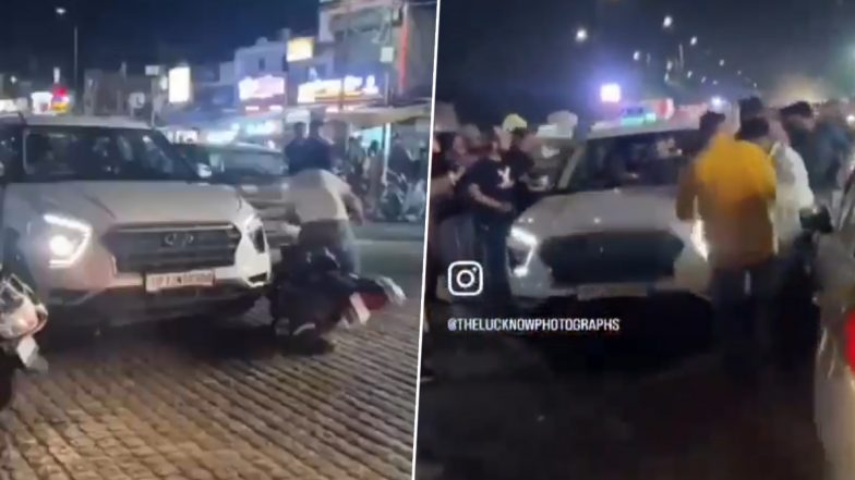 Lucknow Road Accident: Speeding Car Hits Multiple Pedestrians in UP’s Rumi Gate Area, Angry Mob Beats Up Driver (Watch Video)