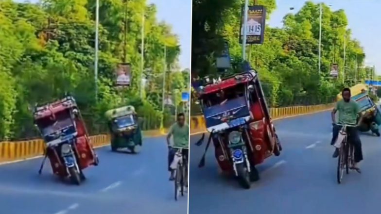 Gwalior: Video of Auto and E-Rickshaw Stunt on Busy Road in Madhya Pradesh Goes Viral, Police Launch Probe