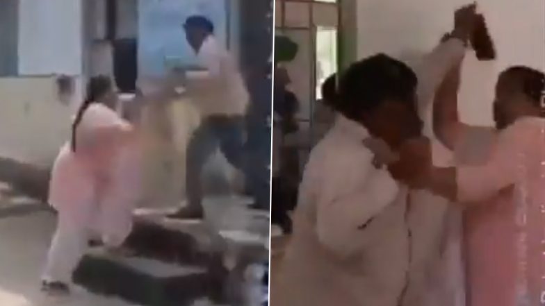 Gwalior: School Teachers Fight, Throw ‘Chappal’ at Each Other As Lady Teacher Accuses Male Colleague Of Recording Her 'Washroom' Video, Incident Caught on Camera