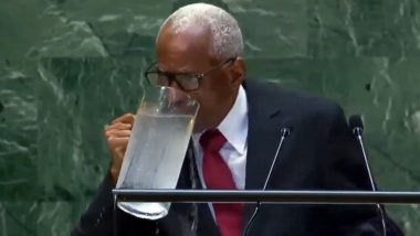 Haitian Leader, Addressing Donald Trump’s Claims About Immigrants Eating Pets, Spills Water On Himself While Trying to Drink Directly From Jug at UN (Watch Video)