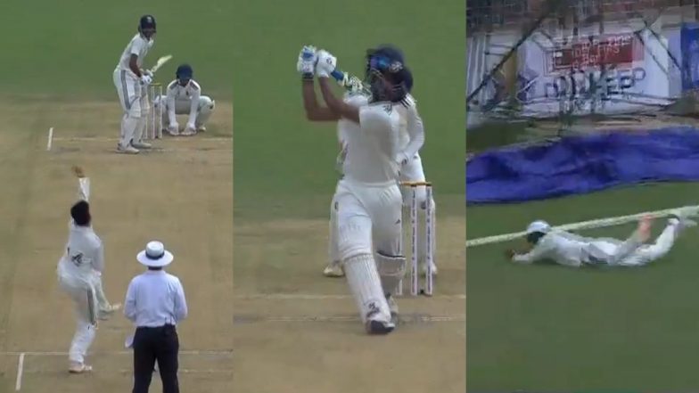 Manav Suthar Ends Axar Patel’s Brave 86-Run Knock With Exceptional Diving Catch During India C vs India D Duleep Trophy 2024 Match (Watch Video)