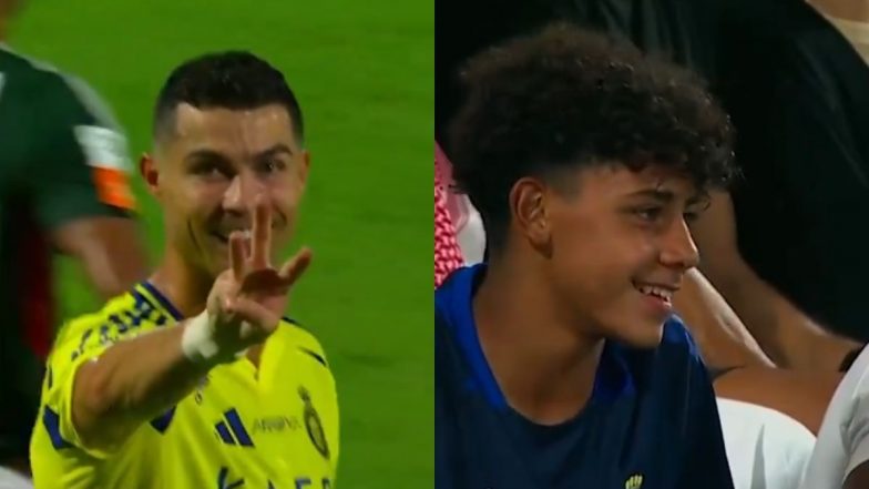 Family Hat-trick! Cristiano Ronaldo Points Towards Son After Netting Goal in Al-Ettifaq vs Al-Nassr SPL 2024–25 Match Following Cristiano Jr’s Brace for Al-Nassr's Youth Team (Watch Video)