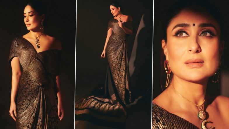 Kareena Kapoor Oozes Major Style Queen Vibes in Latest Appearance, ‘The Buckingham Murders’ Star Reimagines Vintage Banarasi Saree Into Chic Contemporary Off-Shoulder Gown (See Pics)