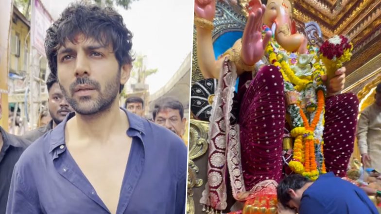 Kartik Aaryan Visits Mumbai’s Lalbaugcha Raja on Ganesh Chaturthi; Actor Offers Prayers and Seeks Blessings (Watch Video)