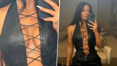 Kim Kardashian Shares Close-Up of Her Cleavage in Chic Black Tie-Front Top and Pants in New Mirror Selfies (View Pics)