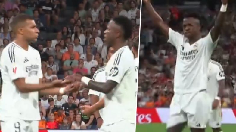 Vinicius Jr Lets Kylian Mbappe Take Penalty, Urges Fans To Cheer for French Striker During Real Madrid vs Real Betis La Liga 2024–25 Match; Video Goes Viral