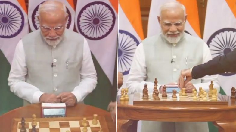 PM Narendra Modi Witnesses Game of Chess Between Members of 45th Chess Olympiad Winning Team of India at His Residence in Delhi, Video Surfaces