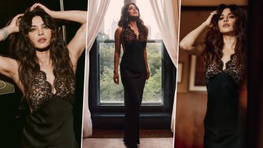 Priyanka Chopra Casts a Spell in Black Backless Satin Gown Featuring a Plunging Neckline and Romantic Lace Detailing (View Pictures)