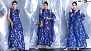 How To Style Brocade Gown? Raveena Tandon Experiments With Style in Stunning Blue Brocade Gown With Matching Organza Dupatta (View Pics)