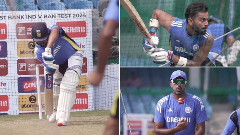 Virat Kohli, Rohit Sharma, Ravi Ashwin and Others Sweat It Out in Nets Ahead of IND vs BAN 2nd Test 2024 (Watch Video)