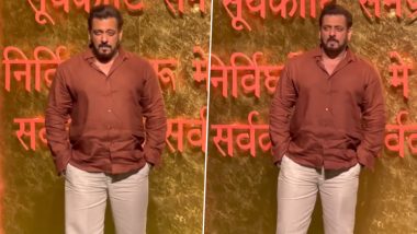 Salman Khan Makes a Stylish Statement in Brown Shirt and White Pants at Ambani’s Ganesh Chaturthi Celebrations (Watch Video)