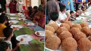 Open Saurashtra Laddu Competition in Jamnagar: People Take Part in Laddu Eating Competition in Gujarat To Kick Off Ganesh Chaturthi Festival 2024 (Watch Video)