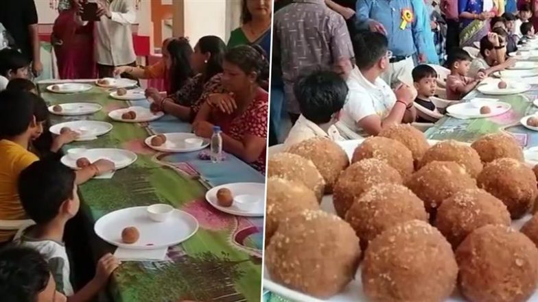 Open Saurashtra Laddu Competition in Jamnagar: People Take Part in Laddu Eating Competition in Gujarat To Kick Off Ganesh Chaturthi Festival 2024 (Watch Video)