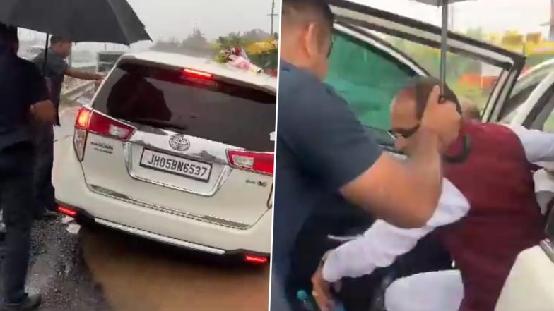 Jharkhand: Union Minister Shivraj Singh Chouhan’s Car Gets Stuck in Muddy Pothole Amid Heavy Rainfall in Baharagora, Video Goes Viral