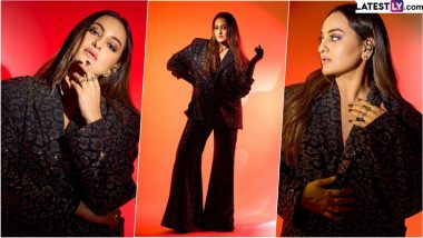 Sonakshi Sinha Stuns in Black Blazer Adorned With Golden Embellishments, Paired Perfectly With Matching Flared Trousers 'While Searching for Her Husband' (View Pics)